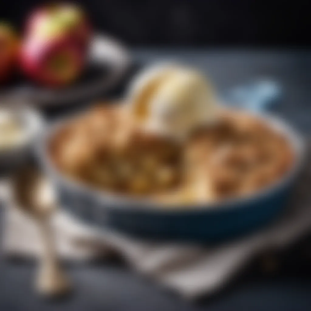 Baked apple crumble with a scoop of vanilla ice cream