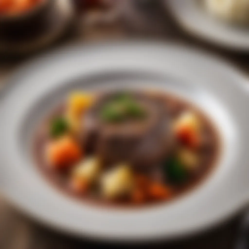 Plating of a beautifully garnished beef cheek stew