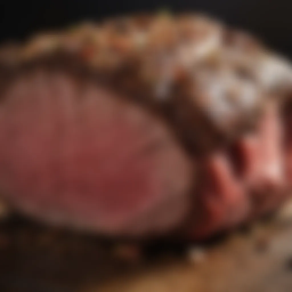 Artistic close-up of seasoned beef roasting joint