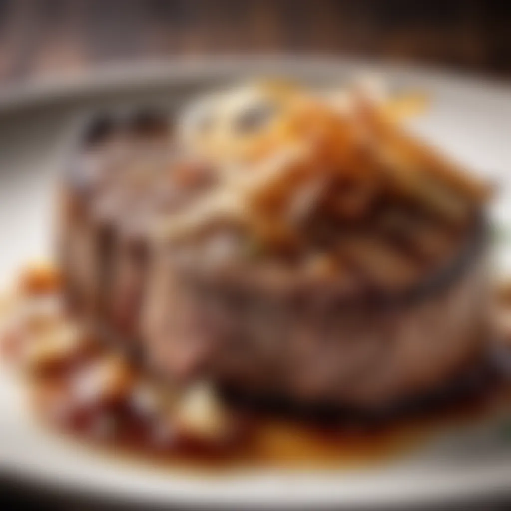 Tender beef steak topped with caramelized onions