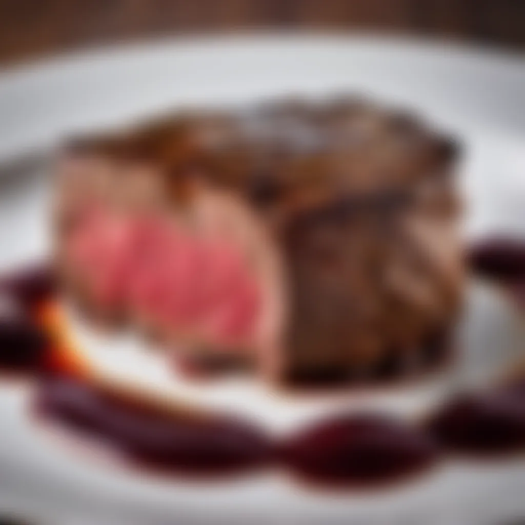 Juicy beef steak marinated in red wine reduction