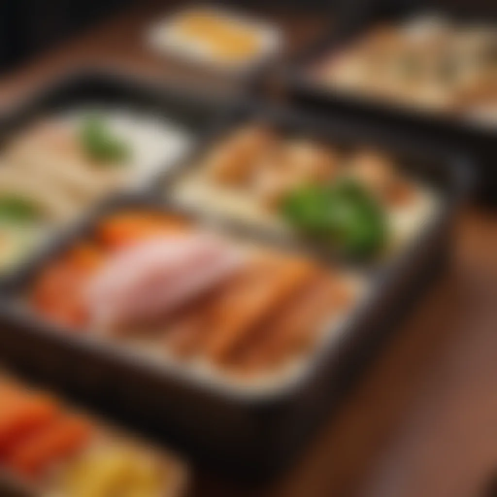 Close-up of a bento box with temperature retention features highlighted.