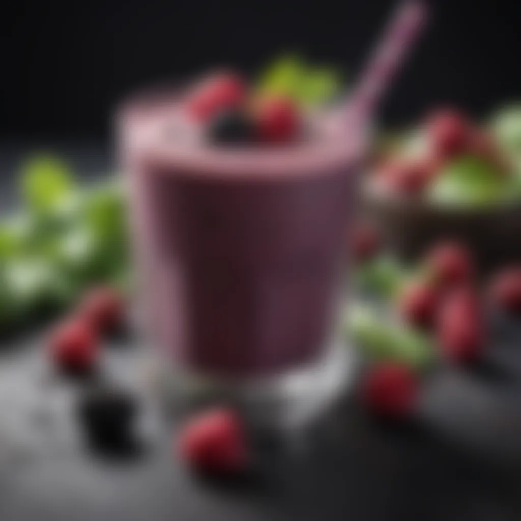 A refreshing smoothie incorporating black raspberry powder, garnished with fresh berries and mint leaves.