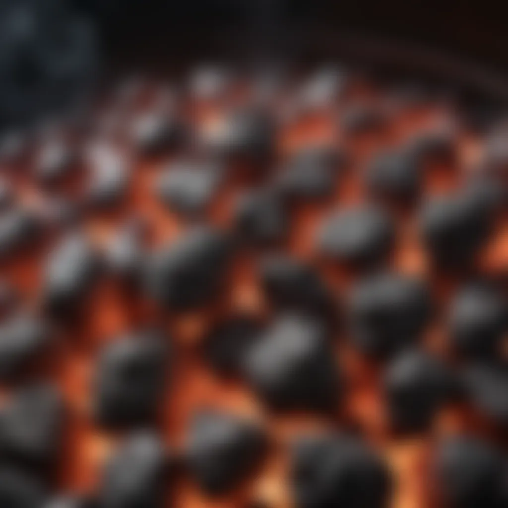 A close-up view of glowing charcoal embers in a smoker