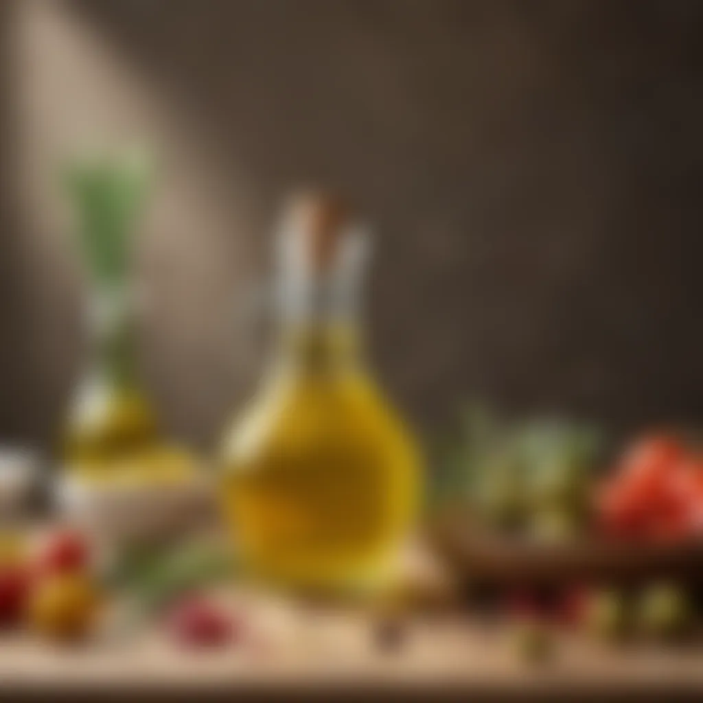 Olive oil mister surrounded by fresh ingredients highlighting health benefits.