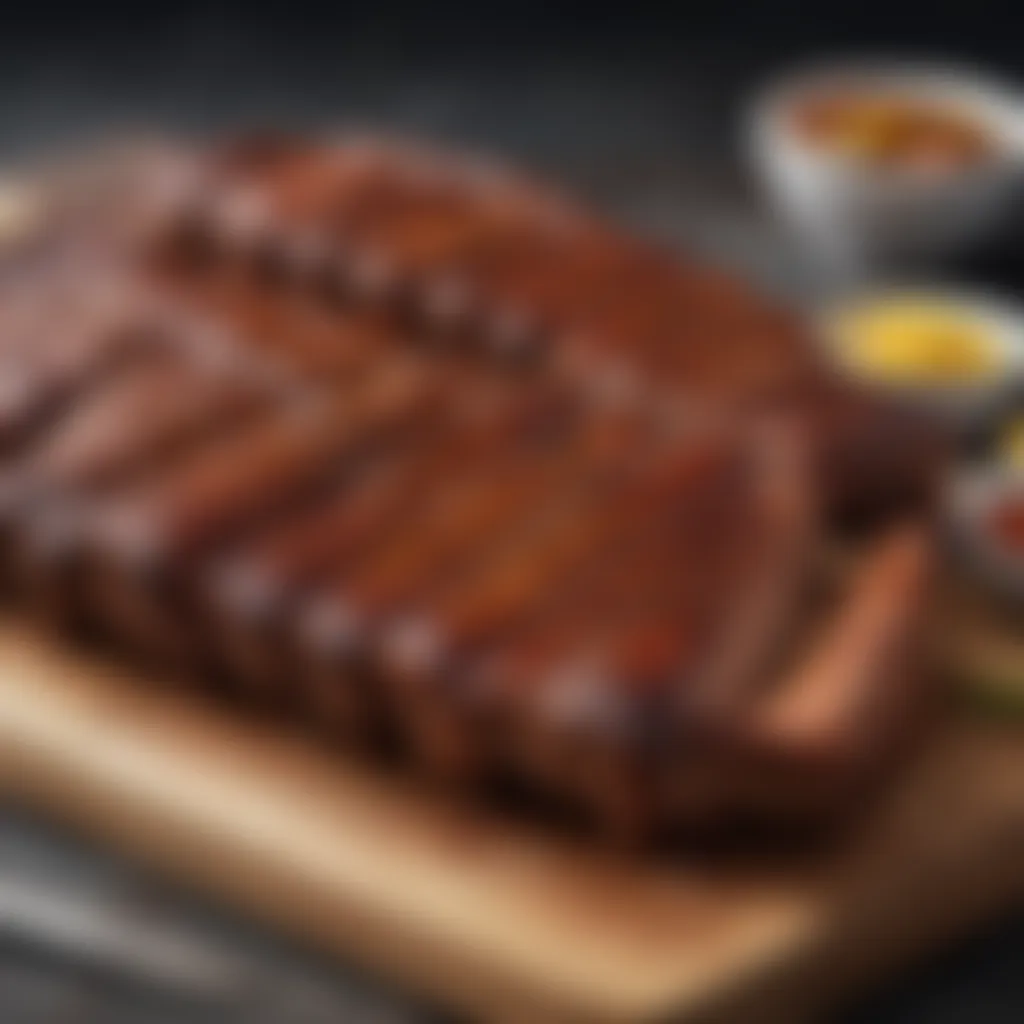 A perfectly grilled rack of ribs resting on a wooden board with sides