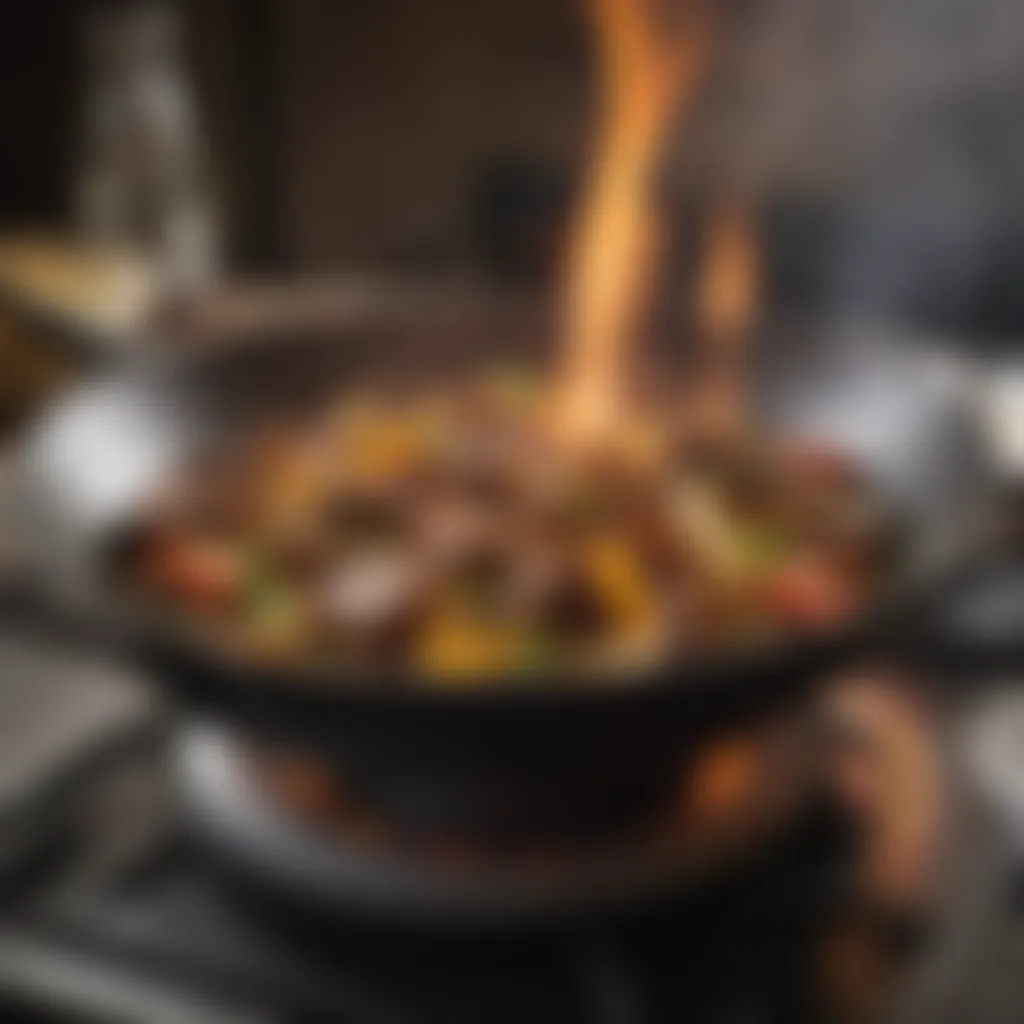 Cast iron wok placed over a gas stove flame