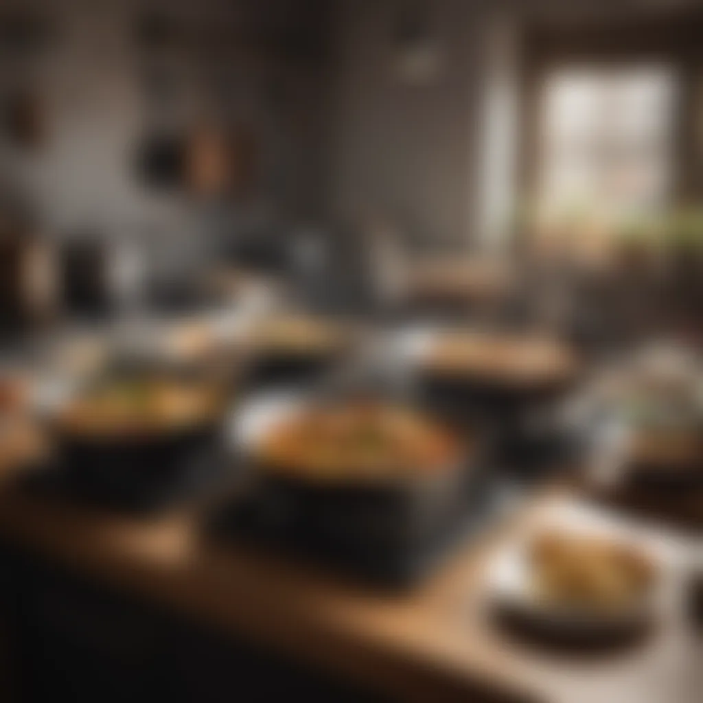 Different types of woks displayed on a kitchen counter