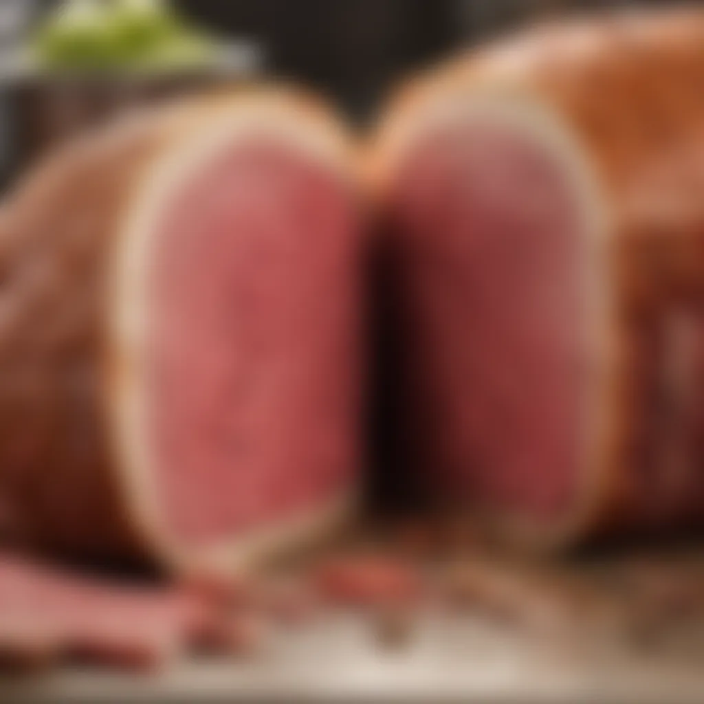 Close-up of Big Y corned beef being sliced to reveal its juicy interior.