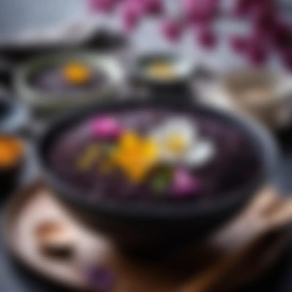 Artisanal Black Rice Porridge with Edible Blossoms