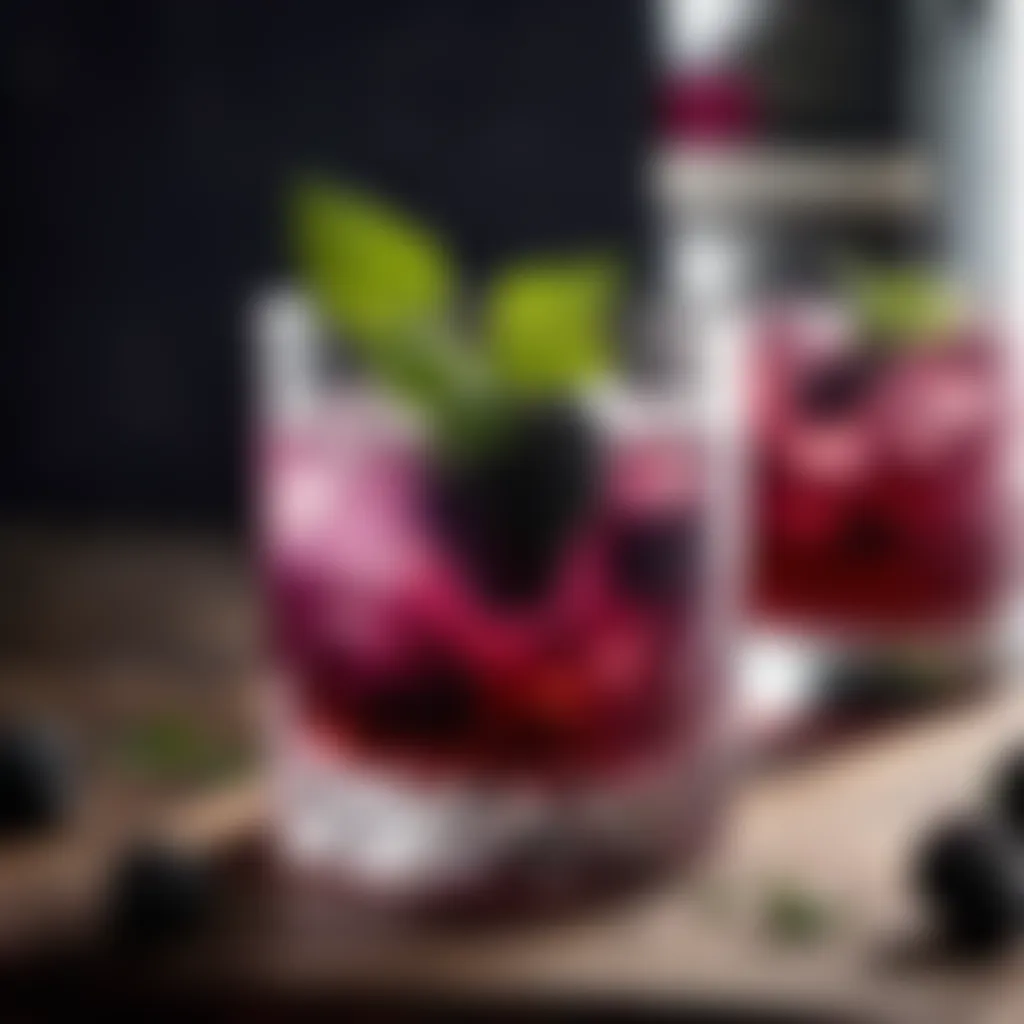 Blackberry gin cocktail garnished with fresh herbs