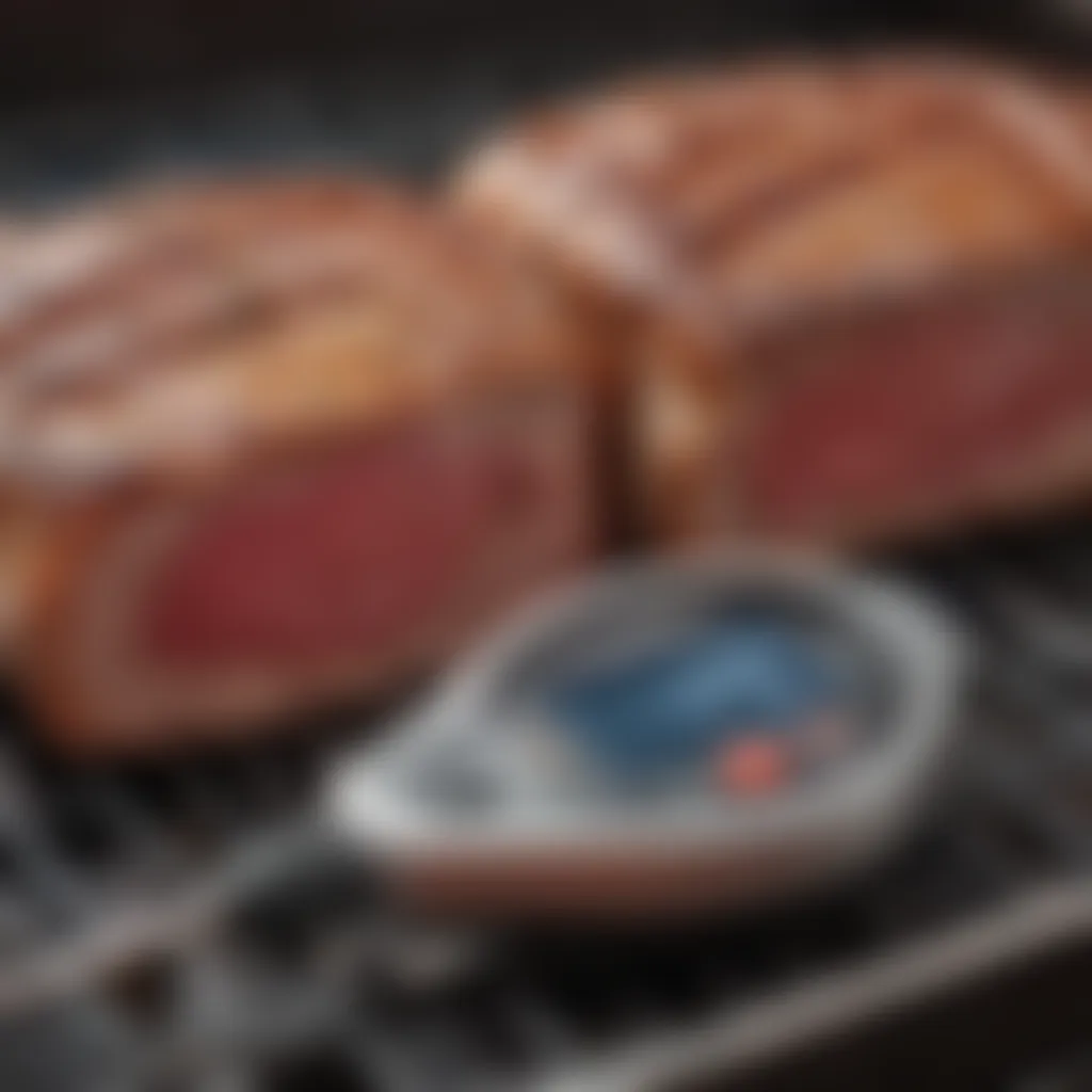 Close-up of Bluetooth meat thermometer probe in meat