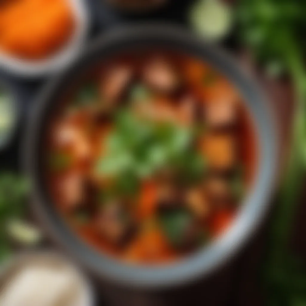 Bowl of steaming hot bo kho garnished with fresh herbs