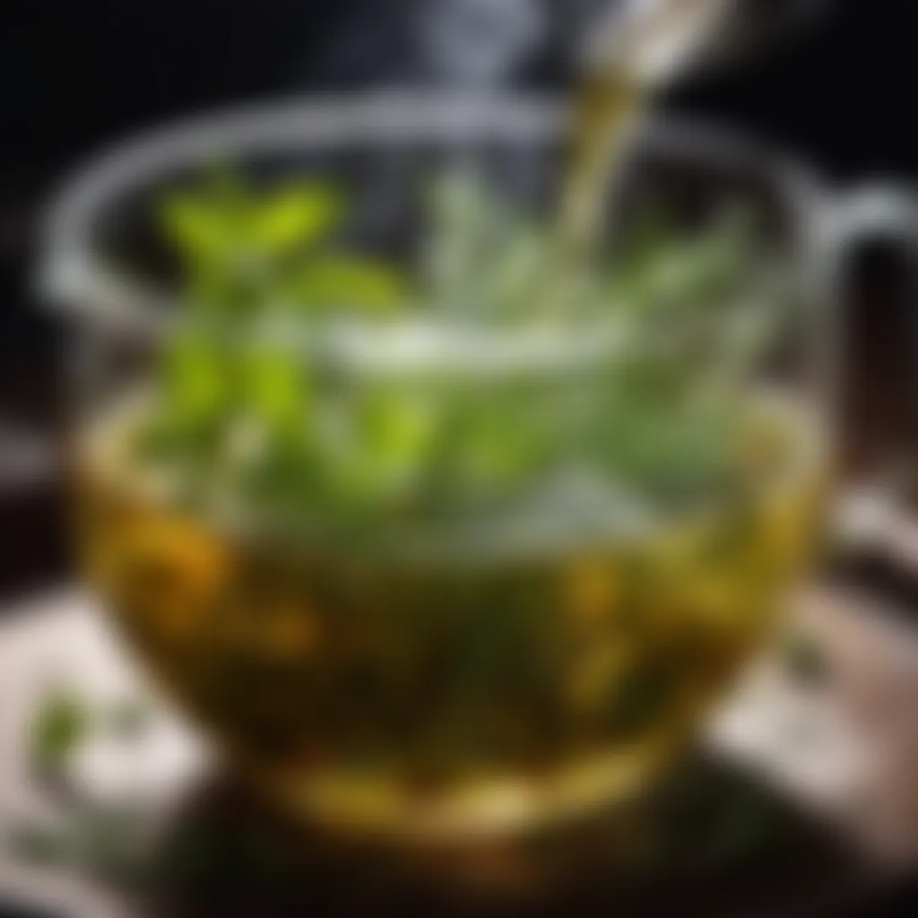 Aromatic herbs infusing in boiling liquid