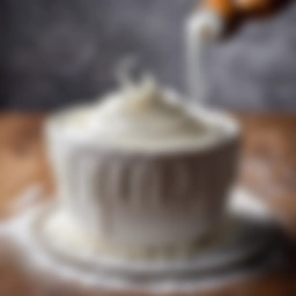 A bowl of white royal icing with a whisk next to it