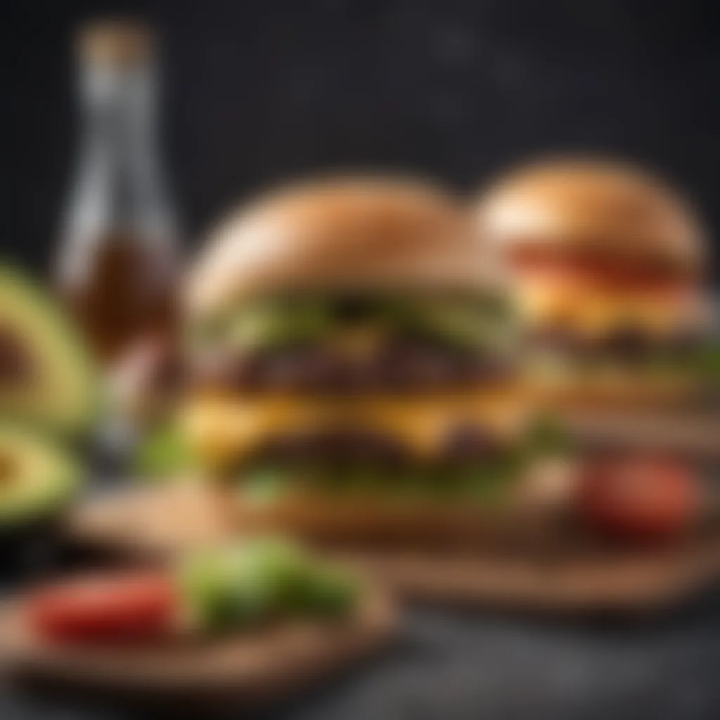 An array of fresh ingredients for crafting the ideal breakfast burger, including avocados and artisan buns.