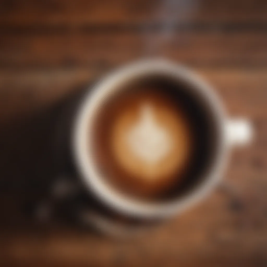 A steaming cup of caffeine-free coffee placed on a rustic wooden table.