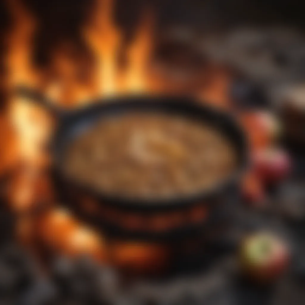 A cast iron skillet filled with bubbling apple crisp on a fire