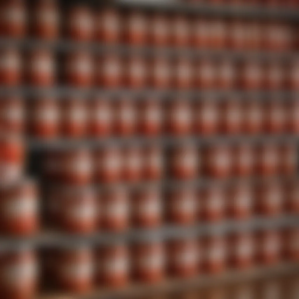 Jars of canned Marzano tomatoes lined up on a shelf