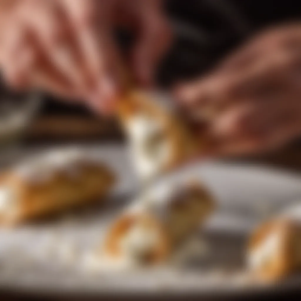 Cannoli shells being filled with creamy ricotta mixture