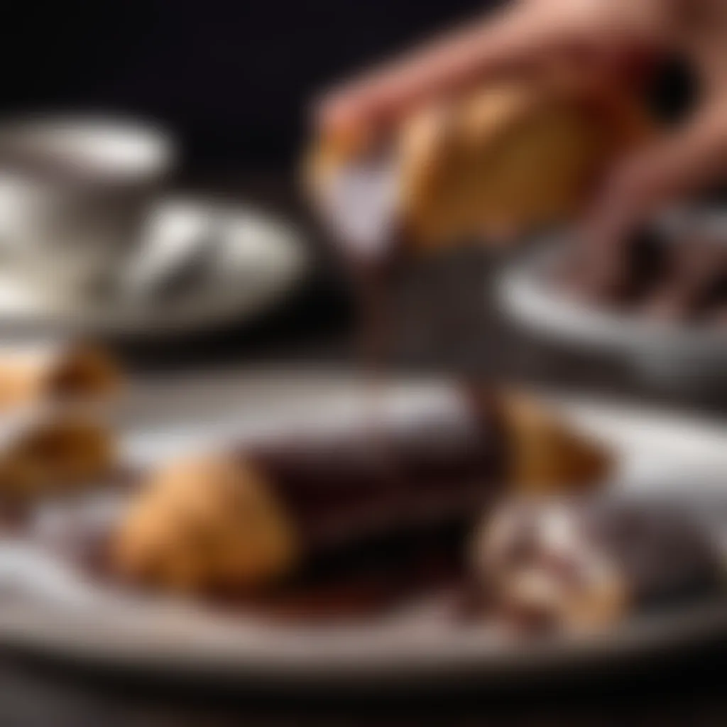 Cannoli shells being dipped in melted chocolate