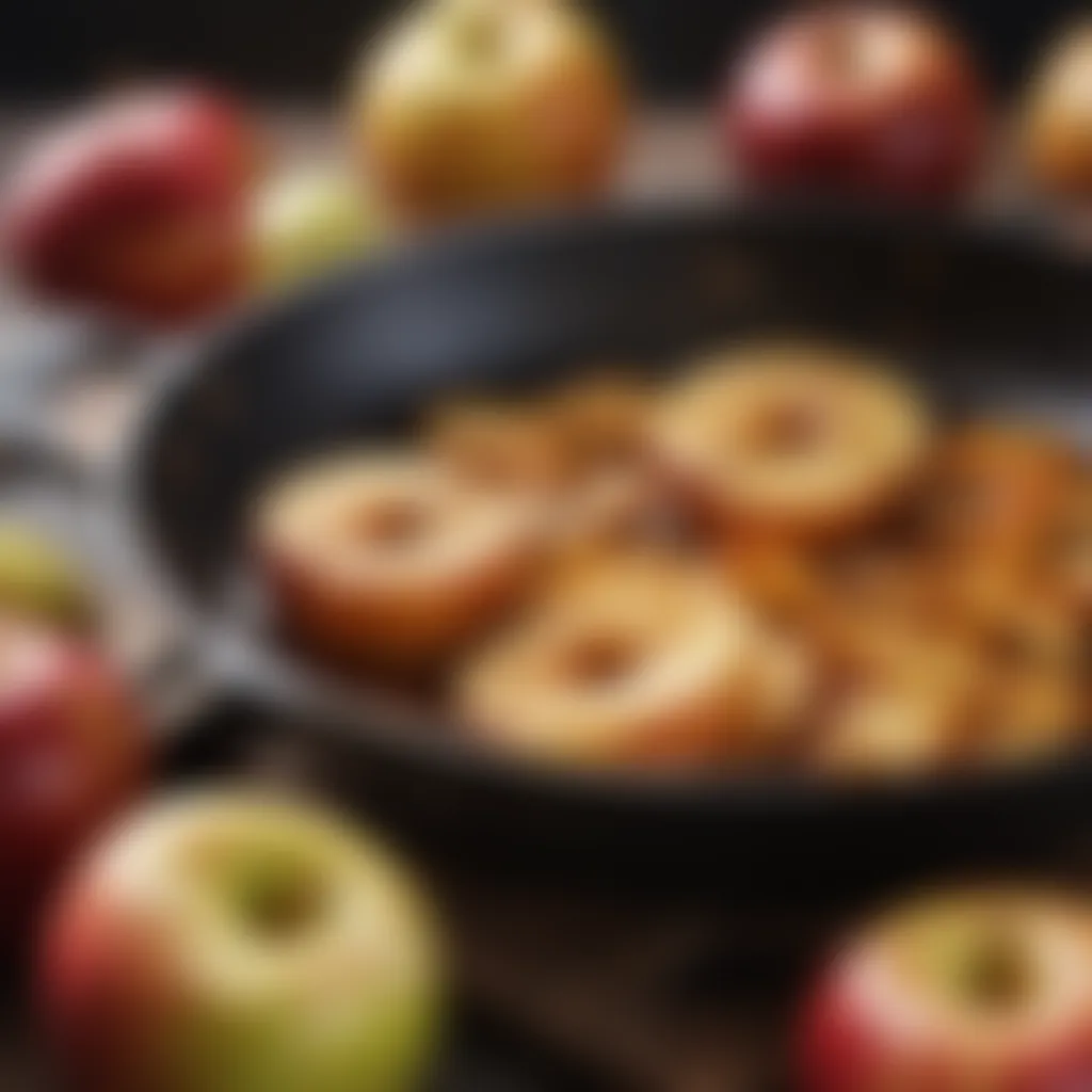 Close-up of caramelized apples in a skillet