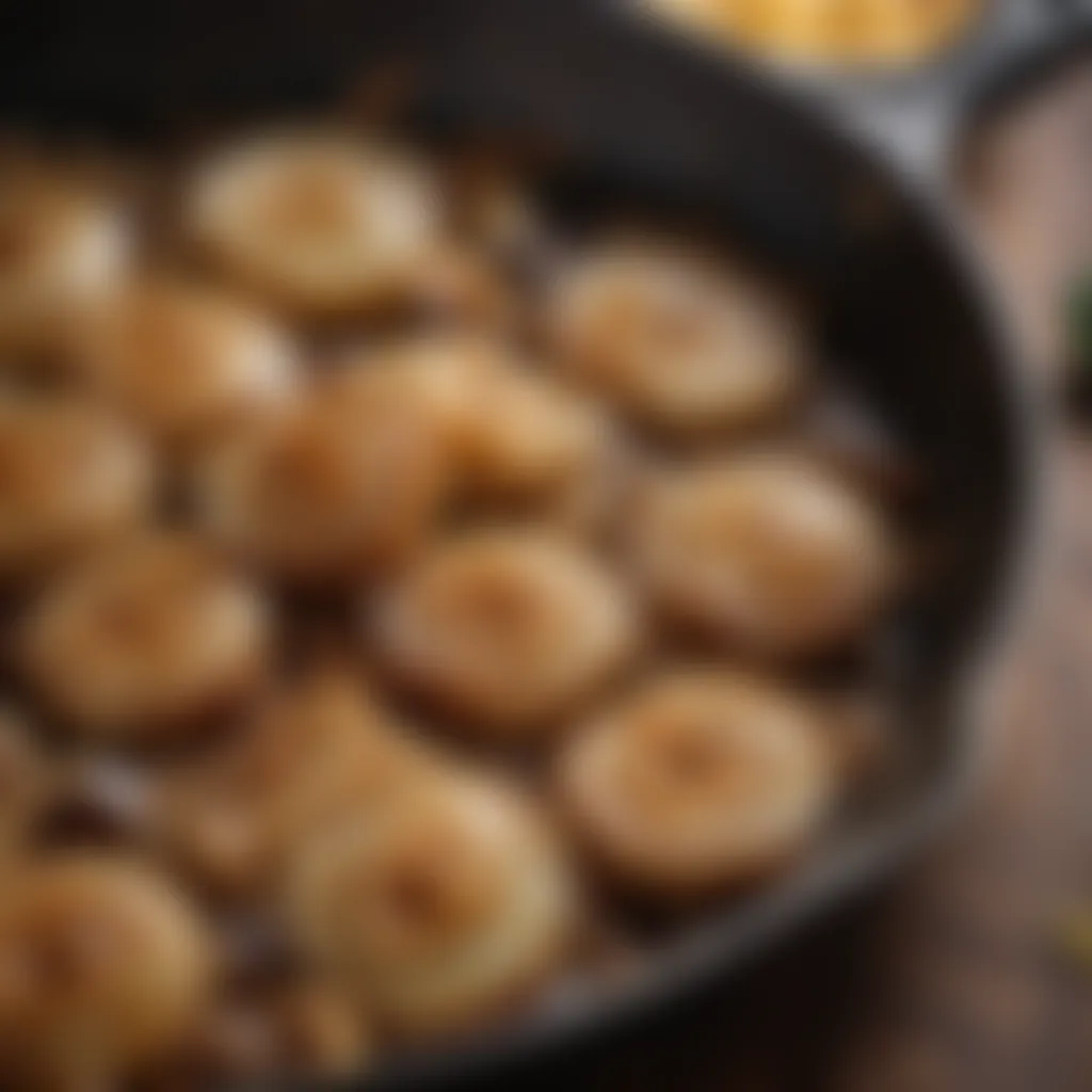 Close-up of caramelized onions in a skillet