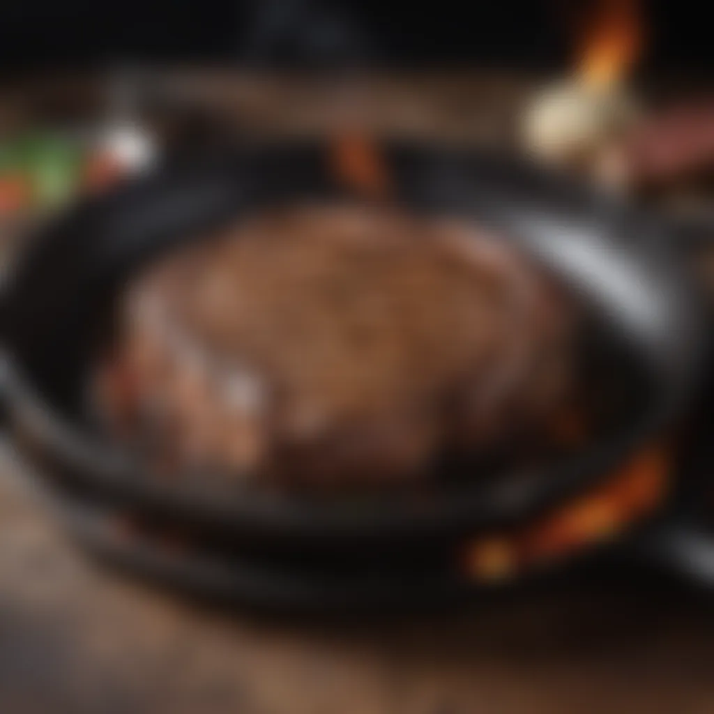 Sizzling steak on a cast-iron skillet