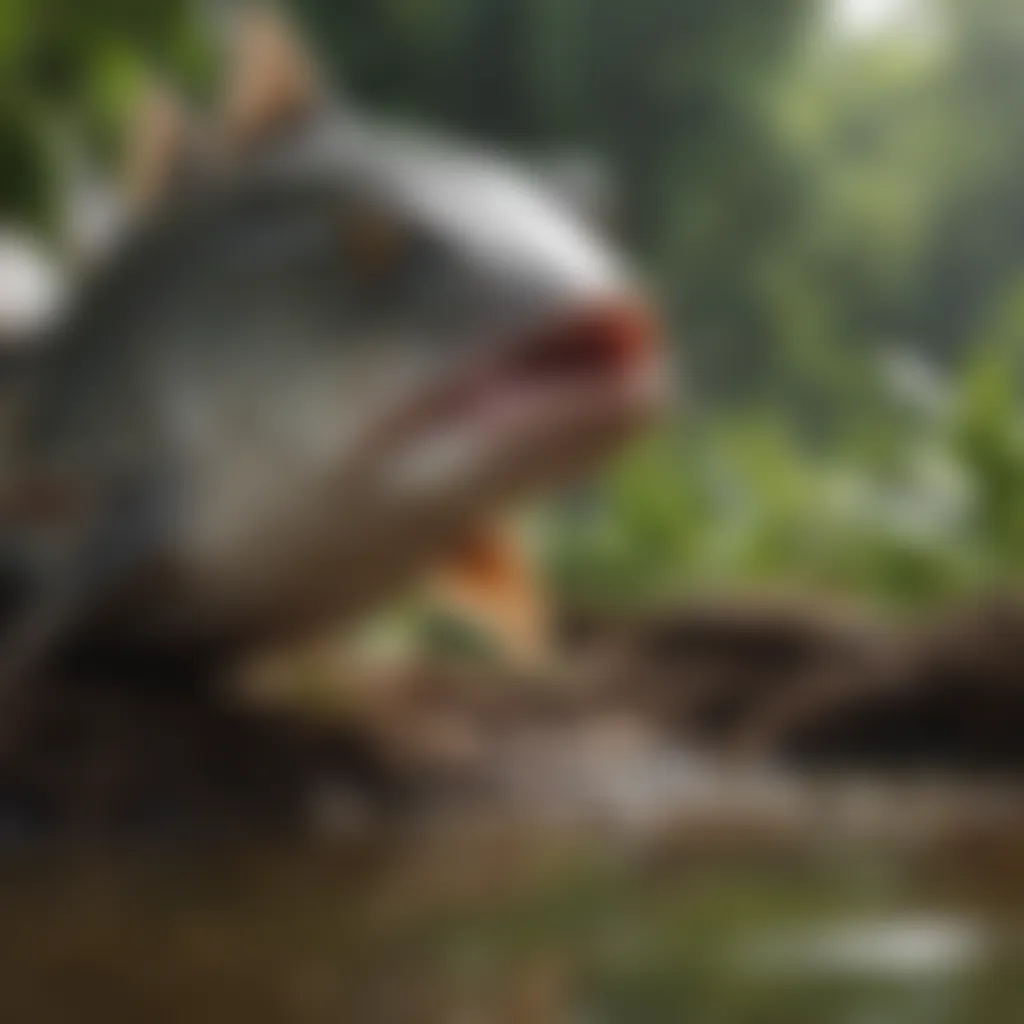 Close-up of a catfish in its natural habitat within a plantation.