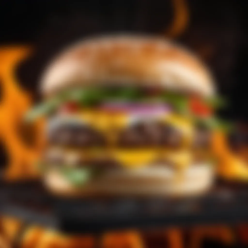 Sizzling Gourmet Burger on a Charcoal Grill Sizzling gourmet burger on a charcoal grill