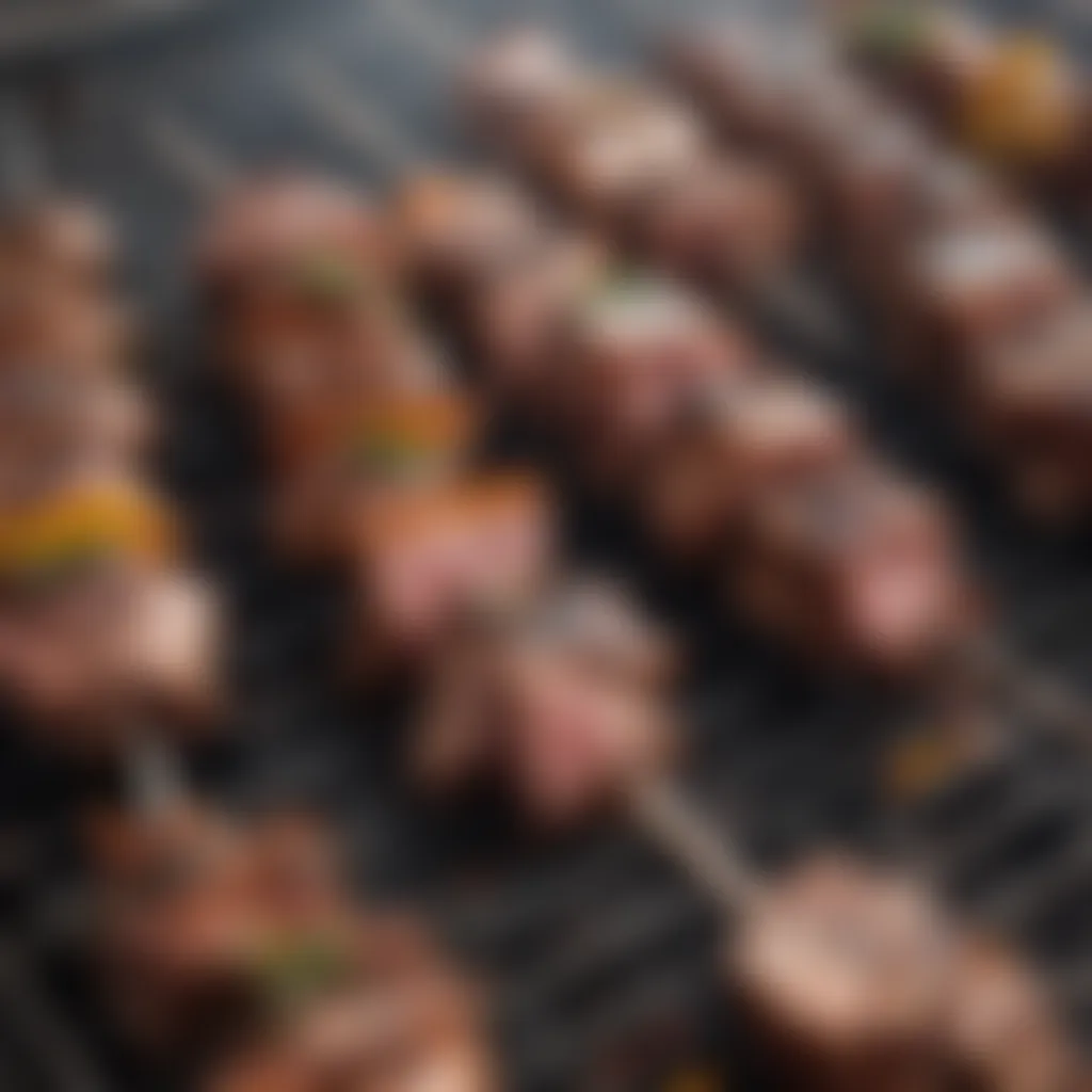 Charcoal grill smoking with skewers of succulent lamb kebabs