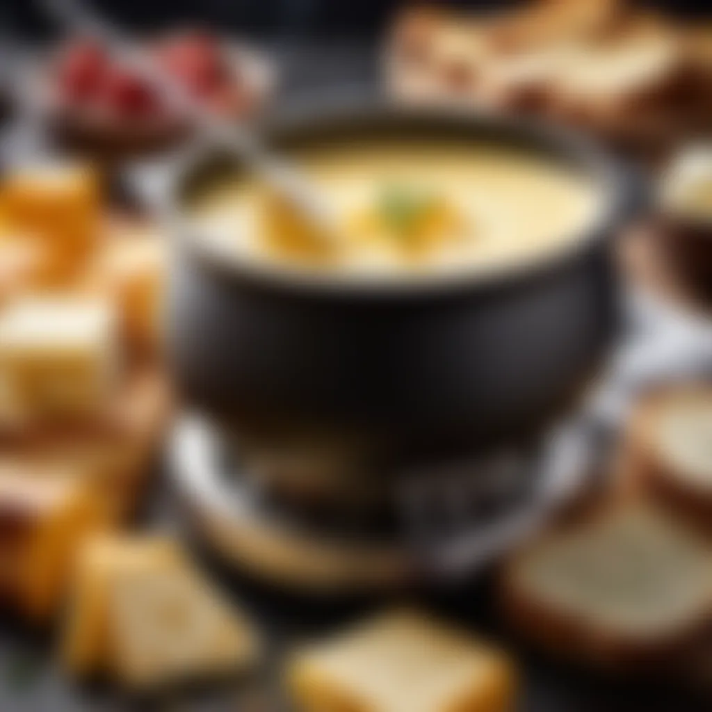 Cheese fondue with bread cubes