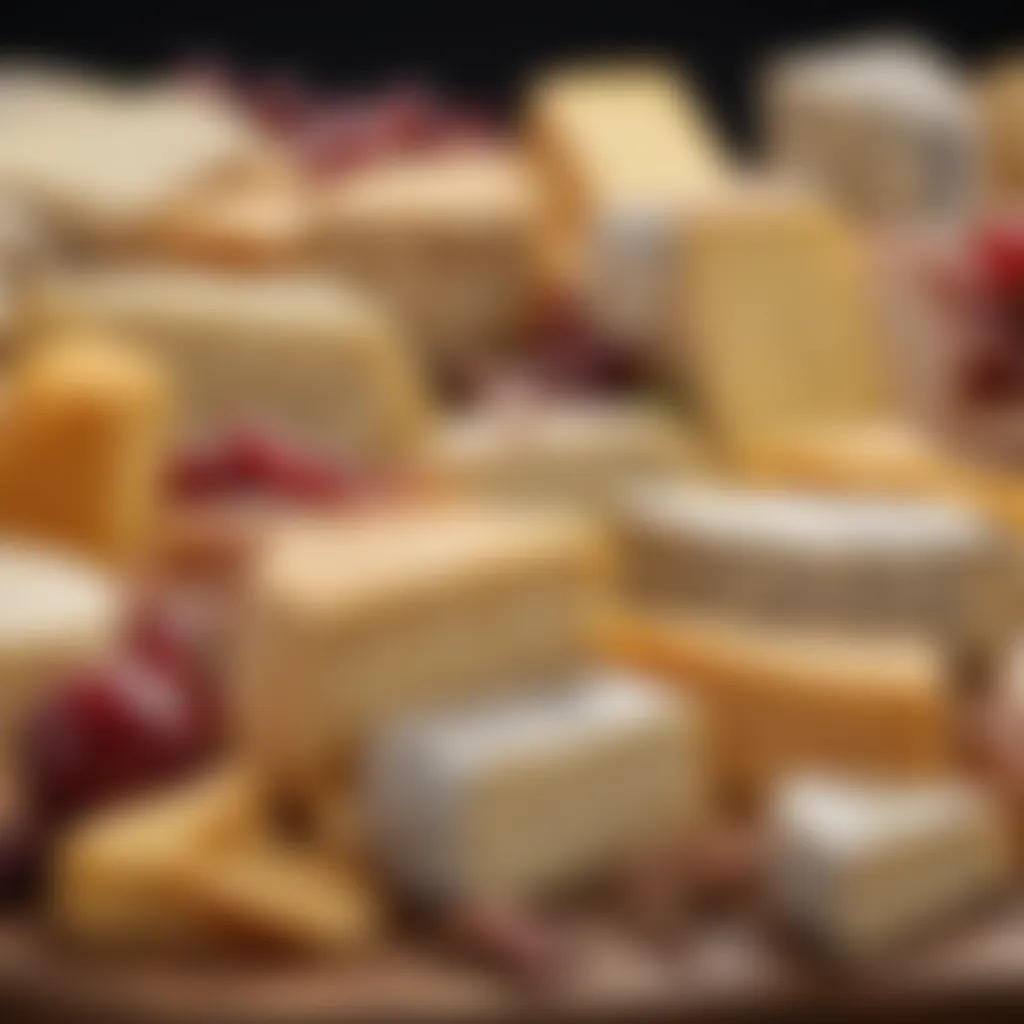 A close-up view of assorted artisanal cheeses with a rich texture.