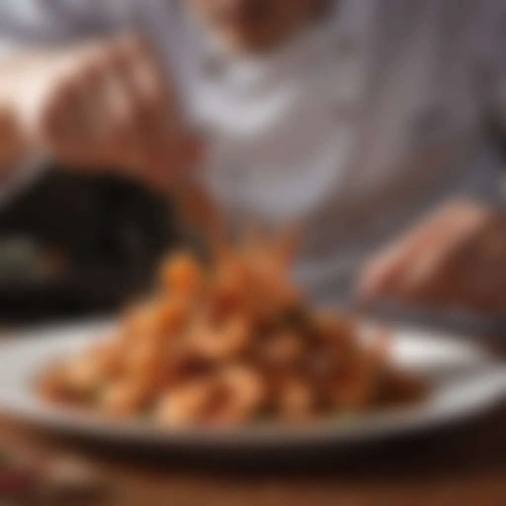 Chef's hand sprinkling a blend of spices on a shrimp dish