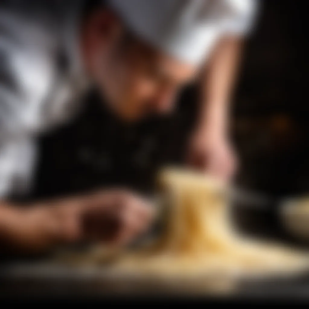 A chef skillfully shaping knife cut noodles