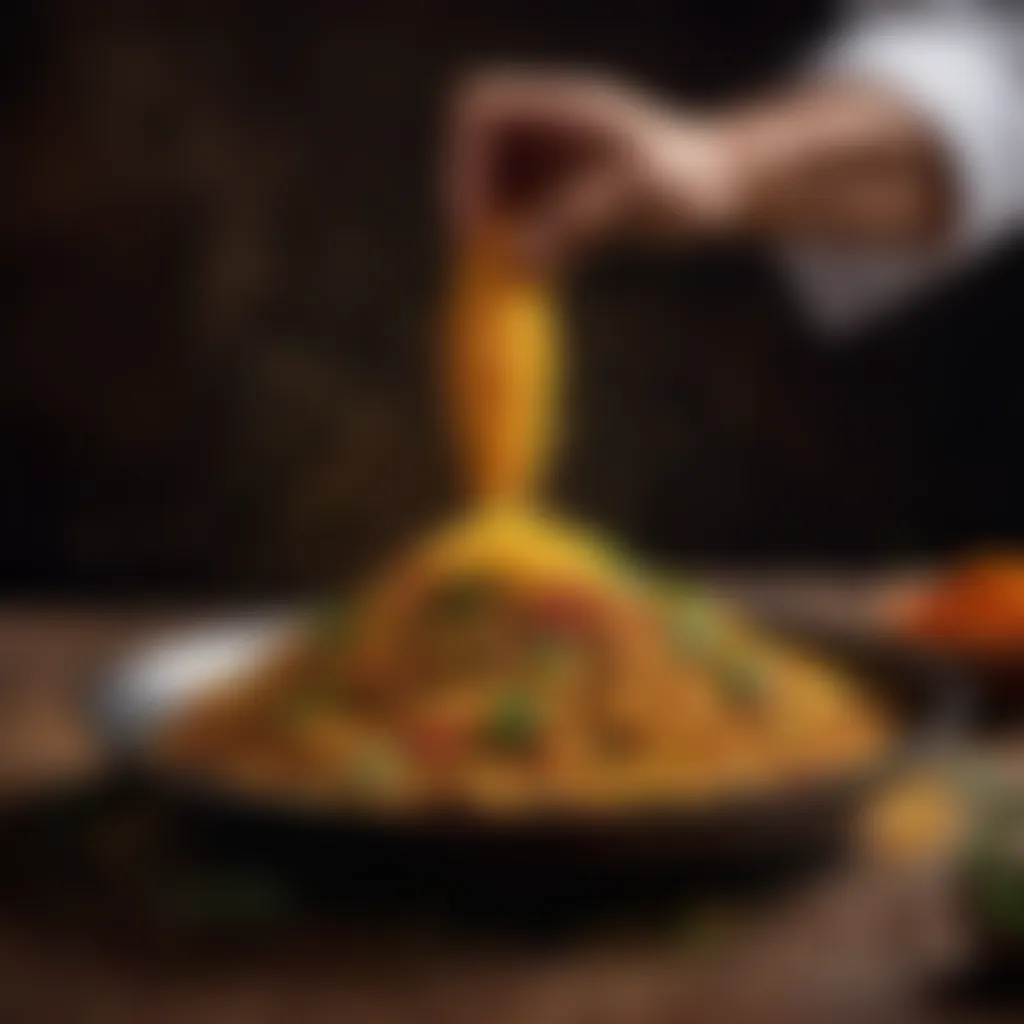 A chefs hand sprinkling seasoning on the cooked kaddu dish