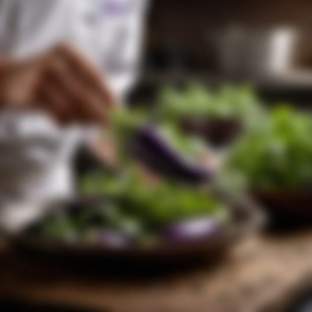 Chef's Hand Picking Fresh Herbs for Eggplant Recipe