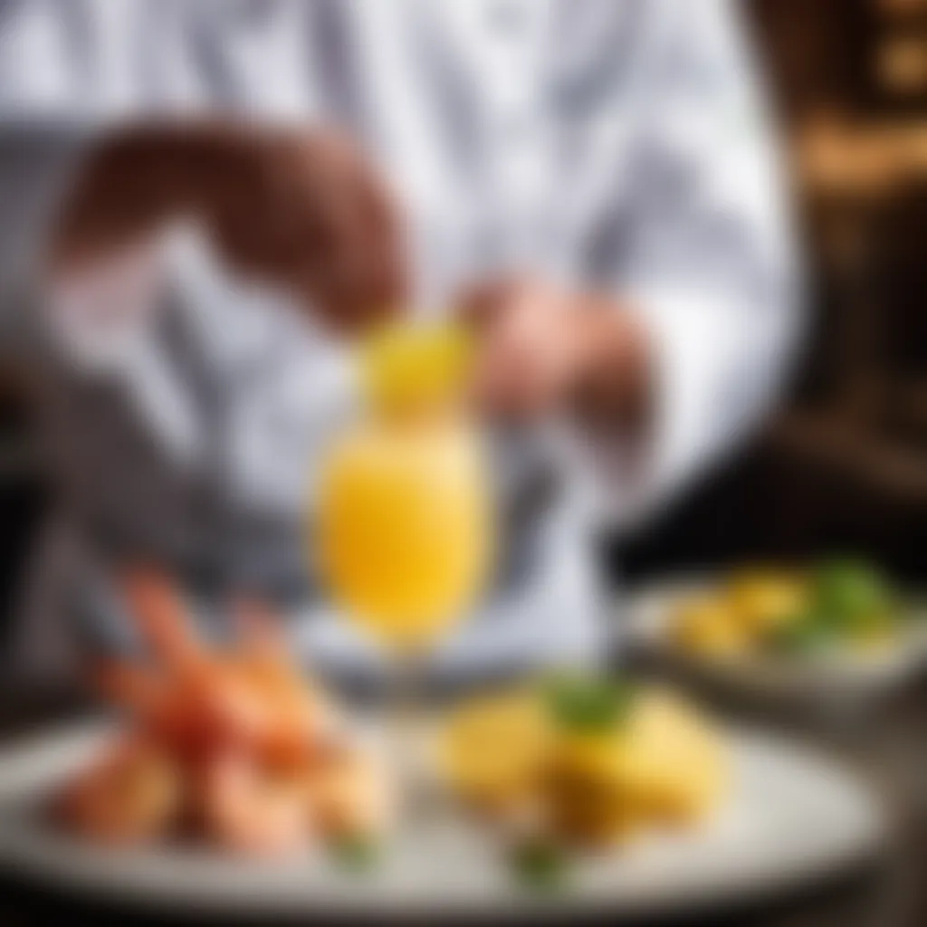 Finishing Touch of Citrus Elegance Chef's Hand Squeezing Fresh Lemon Juice on Shrimp Cocktail