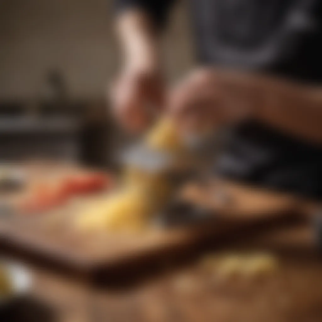 Chef's hand using rotary cheese grater on a wooden cutting board