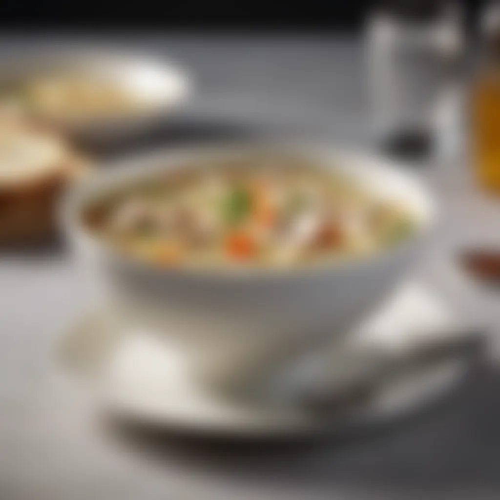 Elegant chilled chicken noodle soup presented on a fine china bowl