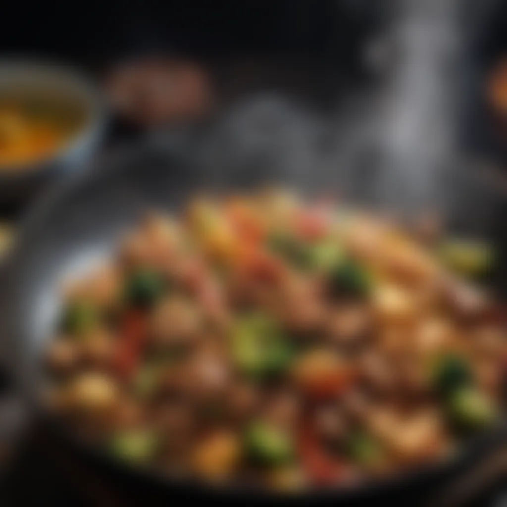 Traditional Chinese wok sizzling with ingredients