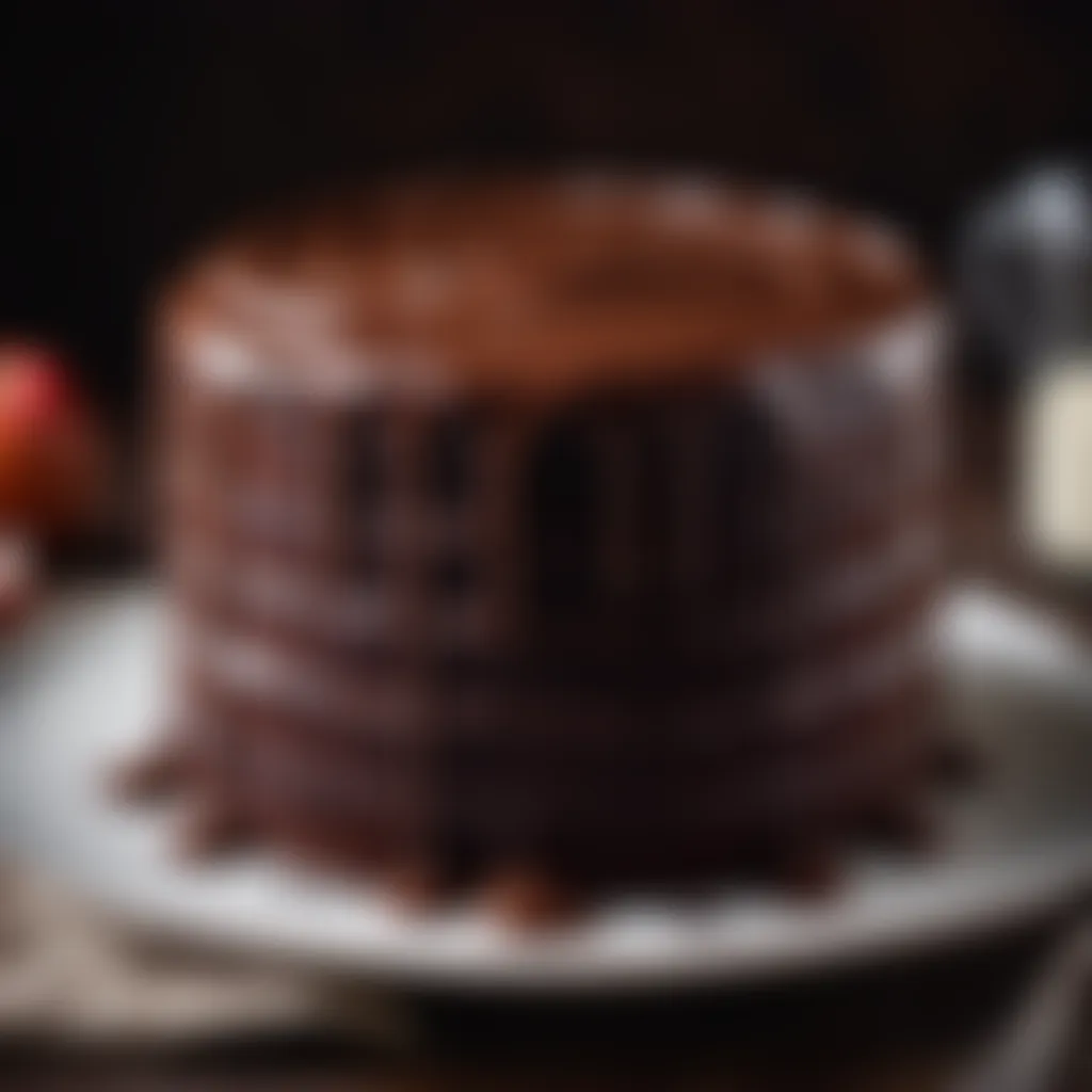 Chocolate cake batter being poured into a round cake pan