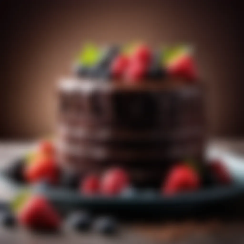 A slice of homemade chocolate cake topped with fresh berries