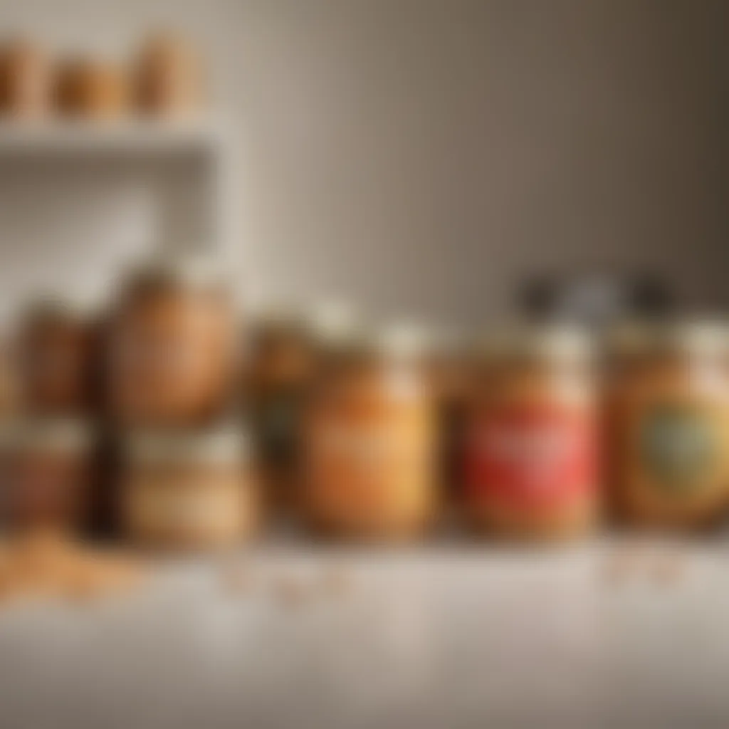 Selection of various jars of sugar-free peanut butter on a kitchen counter