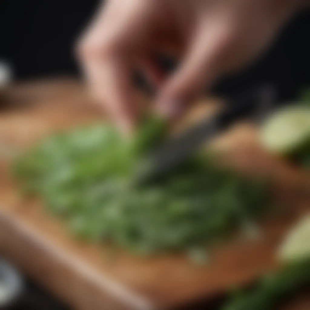 Aromatic dill leaves being chopped with a sharp knife