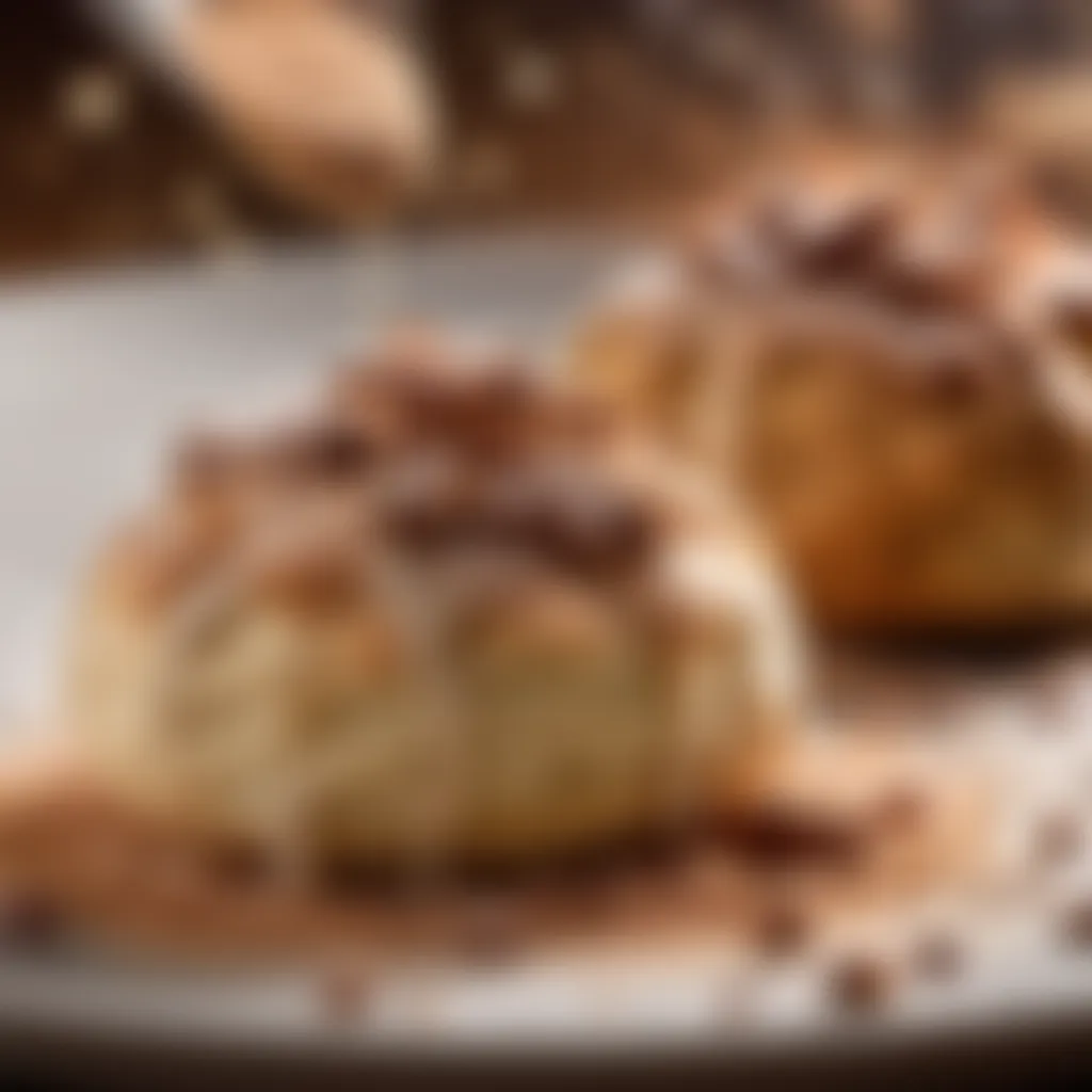 Close-up of cinnamon powder being sprinkled on scone dough