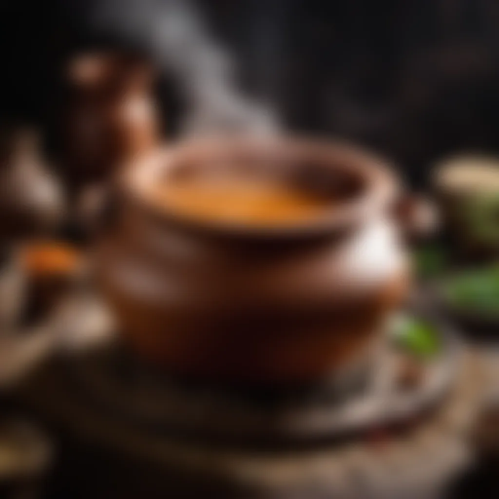 Steaming Wedang Uwuh brewing in a traditional clay pot