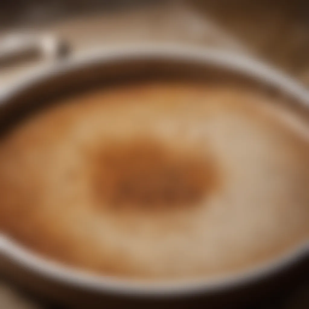 A close-up of a ceramic pan with stubborn stains before cleaning