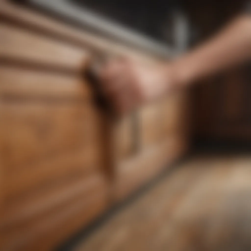 Wooden kitchen cabinet surface being wiped with a soft cloth