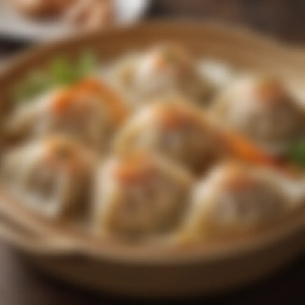 Close-up of a perfectly steamed shrimp dumpling glistening with savory goodness